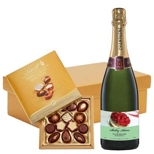 Personalised Champagne - Birthday Cake Label And Lindt Swiss Chocolates Hamper